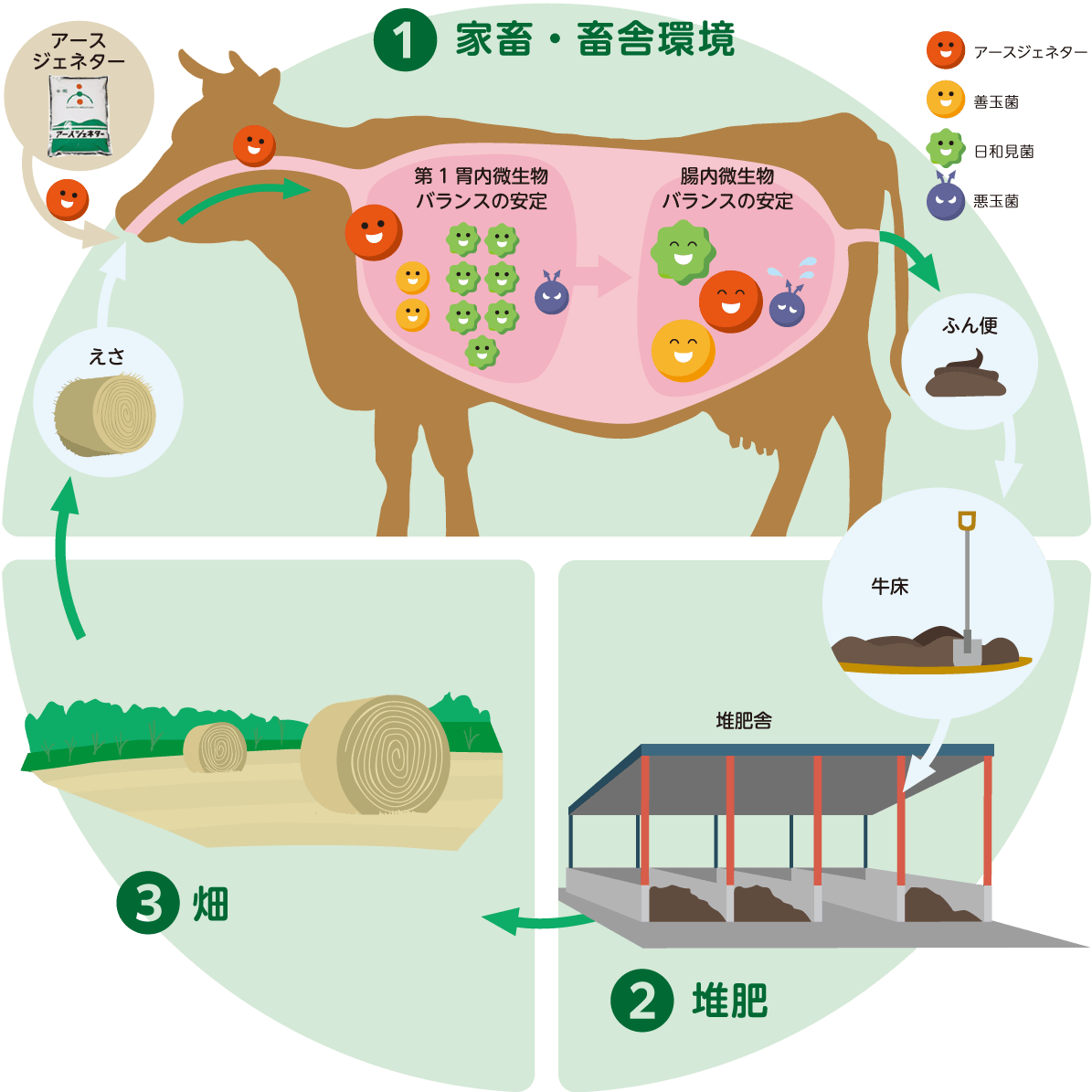 イラストの画像（1.家畜・畜舎環境、2.堆肥（スラリー）、3.畑）